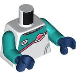 LEGO part 973c46h05pr0002 Torso, Space Suit, Dark Turquoise Top, Coral Stripe, Classic Space Logo, ID Badge print, Dark Turquoise Arms, Dark Blue Hands in White