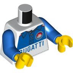 LEGO part 973c28h01pr0007 Torso, Racing Suit, Red/GREEN EB Symbol, Blue Top, 'BUGATTI' print, Blue Arms, Yellow Hands in White