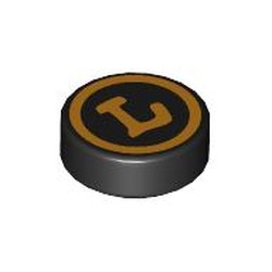 LEGO part 98138pr0109 Tile Round 1 x 1 with Bright Light Orange Circle, 'L' print in Black