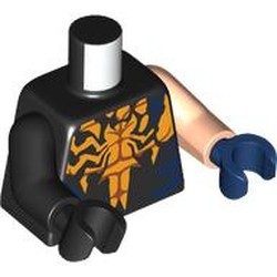 LEGO part 973d63pr0001 Torso, Odd Arms and Hands, Left Light Nougat Arm and Dark Blue Hand, Right Black Arm and Hand with print in Black