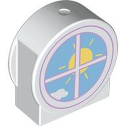 LEGO part 14222pr0024 Duplo Brick 1 x 3 x 2 Round Top, Cut Away Sides with Window and Sun Print in White