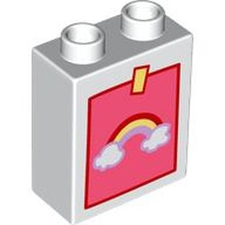 LEGO part 76371pr0014 Duplo Brick 1 x 2 x 2 with Bottom Tube with Childs Drawing of a Rainbow Print in White