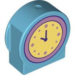LEGO part 14222pr0023 Duplo Brick 1 x 3 x 2 Round Top, Cut Away Sides with Bright Light Yellow Clock Print in Medium Azure