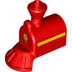 LEGO part 28592pr0004 Duplo Train Front, Steam Engine with Cow Catcher with Green Light and Yellow Stripe Print in Bright Red/ Red