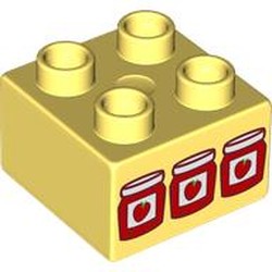 LEGO part 3437pr0072 Duplo Brick 2 x 2 with 3 Jam Jars Print in Cool Yellow/ Bright Light Yellow