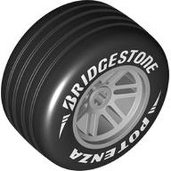 LEGO part 114948pr0001 Wheel Rim 50 x 27 With Black Tyre with White 'BRIDGESTONE POTENZA' print in Medium Stone Grey/ Light Bluish Gray