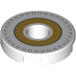 LEGO part 15535pr0014 Tile Round 2 x 2 with Hole with Gold Circle print in White