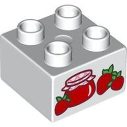 LEGO part 3437pr0074 Duplo Brick 2 x 2 with Strawberries and Jam Jar Print in White