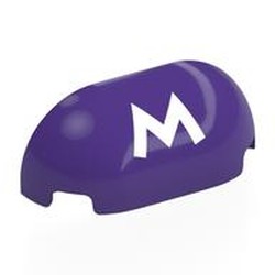 LEGO part 7906pr0001 Brick Round, Curved Triple 1 x 3 x 1, White 'M' Print in Medium Lilac/ Dark Purple