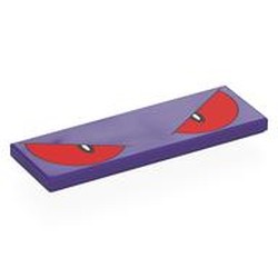 LEGO part 69729pr0094 Tile 2 x 6 with Red Eyes, Angry print in Medium Lilac/ Dark Purple