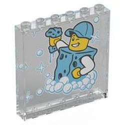 LEGO part 59349pr0018 Panel 1 x 6 x 5 with Minifig in Bright Light Blue Sponge Suit, Cap, Bubbles print in Transparent/ Trans-Clear