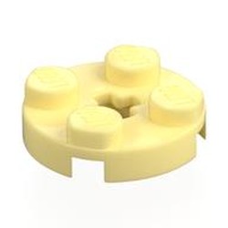 LEGO part 4032a Plate Round 2 x 2 with Axle Hole Type 1 (+ Opening) in Cool Yellow/ Bright Light Yellow