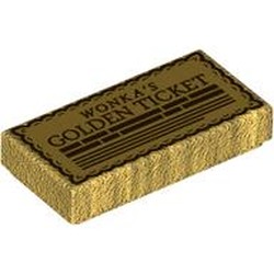 LEGO part 3069bpr9903 Tile 1 x 2 with 'WONKA's GOLDEN TICKET' print in Warm Gold/ Pearl Gold