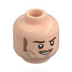 LEGO part 28621pr0182 Minifig Head Owen Grady, Stoppled Beard, Sideburns, Mustache, Raised Right Eyebrow and Smile / ??? Print in Light Nougat