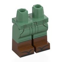 LEGO part 970c25pat19pr0001 Hips with Sand Green Legs and Reddish Brown Boots Pattern with print in Sand Green