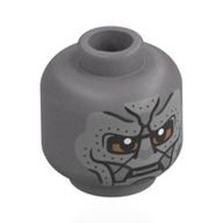 LEGO part 6947pr0005 Minifig Head Doctor Doom, Metal Plating, Black Lined, Ribbits, Medium Brown Around Eyes in Silver Metallic/ Flat Silver