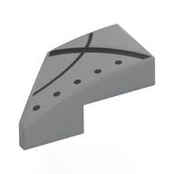 LEGO part 29119pr0005 Brick Wedged, Curved 2 x 1 with Stud Notch Right with Black Lines, Dots print in Medium Stone Grey/ Light Bluish Gray