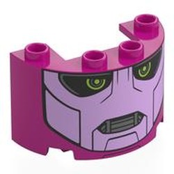 LEGO part 24593pr0017 Cylinder Half 2 x 4 x 2 with 1 x 2 Cutout with Lavender Sentinel Face, Lime Eyes Print in Bright Reddish Violet/ Magenta
