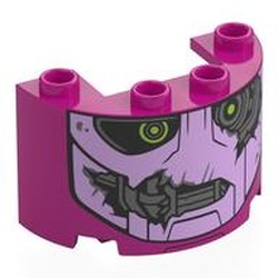 LEGO part 24593pr0016 Cylinder Half 2 x 4 x 2 with 1 x 2 Cutout with Lavender Sentinel Face, Lime Eyes, Damaged Print in Bright Reddish Violet/ Magenta