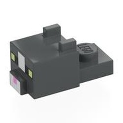 LEGO part 24008pr0009 Animal Body Part, Cat Head 1 x 2 with Cube with Ears, Nose and Pixelated Face with Eyes and Bright Pink Nose, White Stripe Print (Cat) in Dark Stone Grey / Dark Bluish Gray