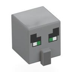 LEGO part 23766pr0009 Minifig Head Special, Cube with Nose and Villager Face with Green Eyes Print in Medium Stone Grey/ Light Bluish Gray