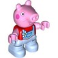 Duplo Figure Child, Pig with Dark Pink Cheeks, Flower, Bright Light Blue Overall print (Peppa Pig)