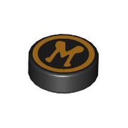 LEGO part 98138pr0116 Tile Round 1 x 1 with Bright Light Orange Circle, 'M' print in Black