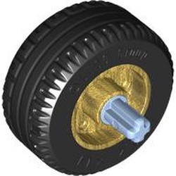 LEGO part 55981c01 Wheel 18 x 14 with Pin Hole, Fake Bolts and Shallow Spokes With Black Tyre, Bright Light Blue Axle in Warm Gold/ Pearl Gold