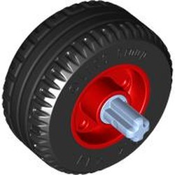 LEGO part 55981c01 Wheel 18 x 14 with Pin Hole, Fake Bolts and Shallow Spokes With Black Tyre, Bright Light Blue Axle in Bright Red/ Red