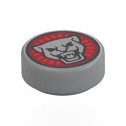 LEGO part 98138pr0130 Tile Round 1 x 1 with Silver Tiger on Red Background print in Medium Stone Grey/ Light Bluish Gray