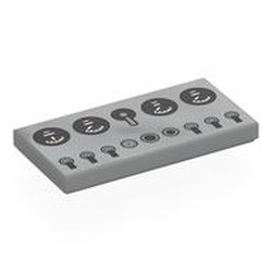 LEGO part 87079pr0180 Tile 2 x 4 with Dashboard, Black Dials, Dark Bluish Grey Switches print in Medium Stone Grey/ Light Bluish Gray