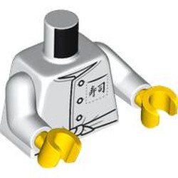 LEGO part 973c27h01pr0047 Torso, Cook Tunic, White Sash, Grey Japanese Symbols, White Arms, Yellow Hands in White
