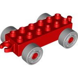 LEGO part 11248c04 Duplo Car Base 2 x 6 with Fake Bolts, Open Hitch End and Light Bluish Gray Wheels in Bright Red/ Red