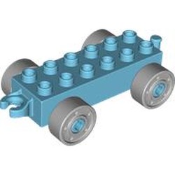 LEGO part 11248c04 Duplo Car Base 2 x 6 with Fake Bolts, Open Hitch End and Light Bluish Gray Wheels in Medium Azure