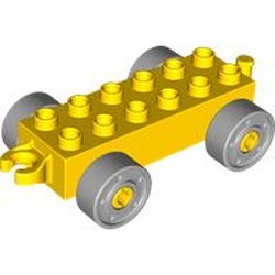 LEGO part 11248c04 Duplo Car Base 2 x 6 with Fake Bolts, Open Hitch End and Light Bluish Gray Wheels in Bright Yellow/ Yellow