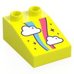 LEGO part 35114pr0013 Duplo Brick 3 x 2 Slope 33° with print in Vibrant Yellow