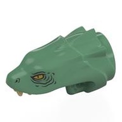 LEGO part 78514pr0002 Animal / Creature Body Part, Snake / Dragon Head Upper Jaw with 3 Ridges with Yellow Eyes, Tan Fangs print in Sand Green