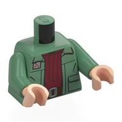 LEGO part 973c25h02pr0002 Torso, Jacket, Dark Red Shirt, Dark Brown Belt, Silver Buckle print, Sand Green Arms, Light Nougat Hands in Sand Green