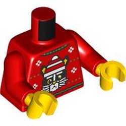 LEGO part 973c22h01pr0055 Torso, Ugly Christmas Sweater, Black Cat, Red/White Hat print, Red Arms, Yellow Hands in Bright Red/ Red