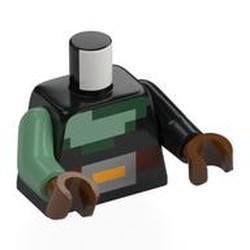 LEGO part 973e153pr0001 Torso, Odd Arms, Left Black Arm, Right Sand Green Arm, Reddish Brown Hands with print in Black