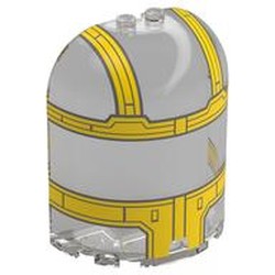 LEGO part 67950pr0002 Cylinder Half 3 x 6 x 6 Closed on Top with 2 Studs with Yellow Cockpit print in Transparent/ Trans-Clear