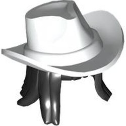 LEGO part 117409pat0001 Hair and Hat, Fedora, Wide Brim, Long Black Hair pattern in White