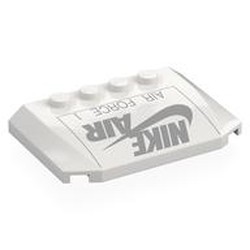 LEGO part 45677pr0038 Brick Wedged, Curved Triple 4 x 4 x 2/3 with 2 Studs with Dark Bluish Grey 'NIKE AIR', 'AIR FORCE' print in White