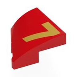 LEGO part 5093pr0005 Slope Curved 2 x 2 with Stud Notch Right with Gold '7' print in Bright Red/ Red