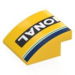 LEGO part 7249pr0003 Brick Curved 4 x 4 x 1 2 / 3 with Dark Blue/White/Green Stripes, White 'IONAL' on Black Background print in Bright Yellow/ Yellow