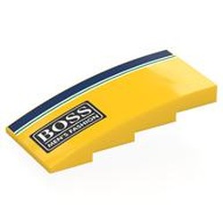 LEGO part 8236pr0010 Brick Curved 4 x 8 x 1 2/3 No Studs with Dark Blue/White/Green Stripes, White BOSS MAN'S FASHION' on Black Background print in Bright Yellow/ Yellow