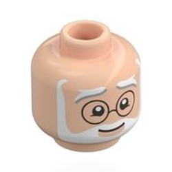 LEGO part 28621pr0186 Minifig Head Merlin, White/Dark Bluish Grey Eyebrows, White Full Beard, Black Round Glasses in Light Nougat