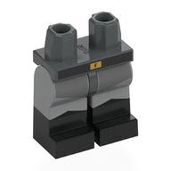 LEGO part 970c14pat03pr0004 Hips with Light Bluish Gray Legs and Black Boots Pattern with Black Belt, Gold Belt Buckle, Dark Bluish Grey Shirt End print in Dark Stone Grey / Dark Bluish Gray