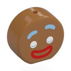 LEGO part upn9998pr0001 Head Special, Round with Gingerbread Man, Bright Light Blue Eyebrows, White Eyes, Red Mouth print in Medium Nougat