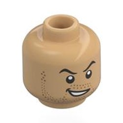 LEGO part 28621pr0185 Minifig Head Lord Farquaad, Black Eyebrows, Nougat Stubbles, Mean, Lopsided Smile / Worried in Warm Tan